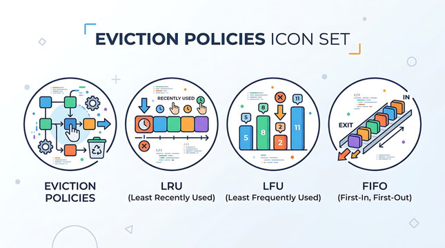 Modern Line Icons Depicting Key Eviction Policy Algorithms LRU, LFU, and FIFO Strategies