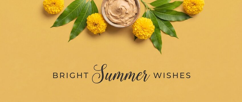 Sandalwood paste marigold flowers background with Summer Wishes text. Ayurvedic ubtan clay mask bowl with mango leaves for traditional Indian spa wellness, skin care cosmetics beauty concept banners.