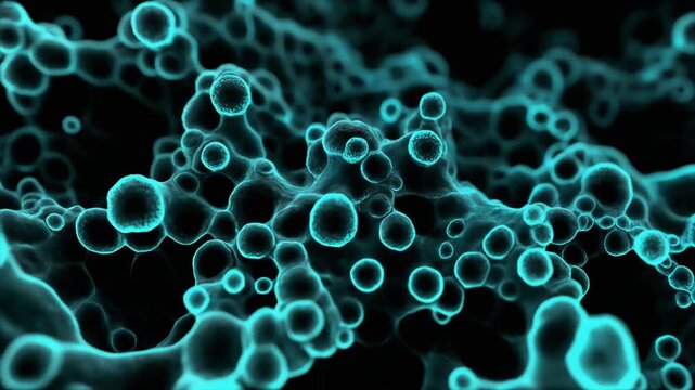 3D scientific visualization of blue bioluminescent pathogens and dividing cellular structures.