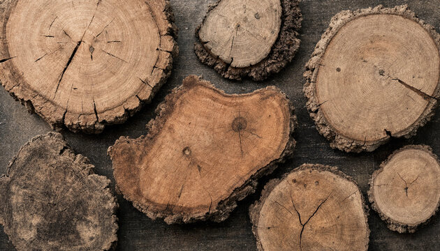 Flat lay arrangement of various sized circular wooden tree trunk slices showing growth rings and rough bark textures on a dark grey background