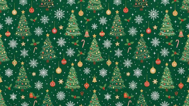 Seamless christmas pattern with decorated christmas trees, snowflakes, ornaments, holly berries and candy canes on green background