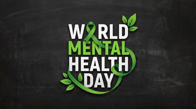A creative graphic for World Mental Health Day featuring bold white text, a green awareness ribbon, and decorative leaves against a dark chalkboard texture.