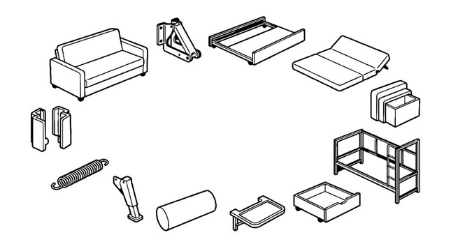 Technical line art illustration of sofa bed assembly parts and furniture components.