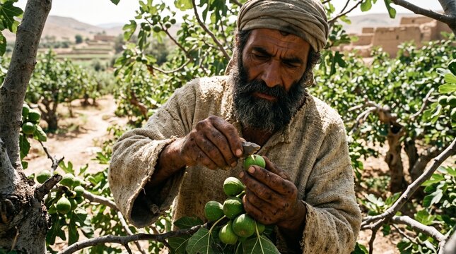 Biblical prophet Amos piercing sycamore figs in ancient Judea. Close-up portrait of a Near Eastern shepherd harvesting fruit, Old Testament story concept