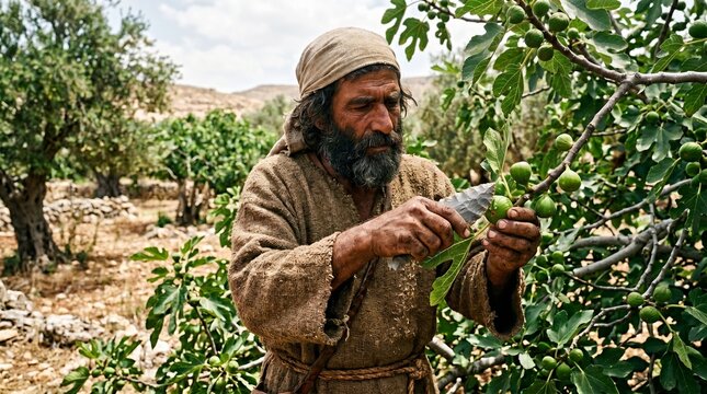 Ancient Israelite shepherd tending to sycamore figs. Concept of daily agricultural life in the Biblical era, Prophet Amos of Tekoa, Torah and Tanakh history