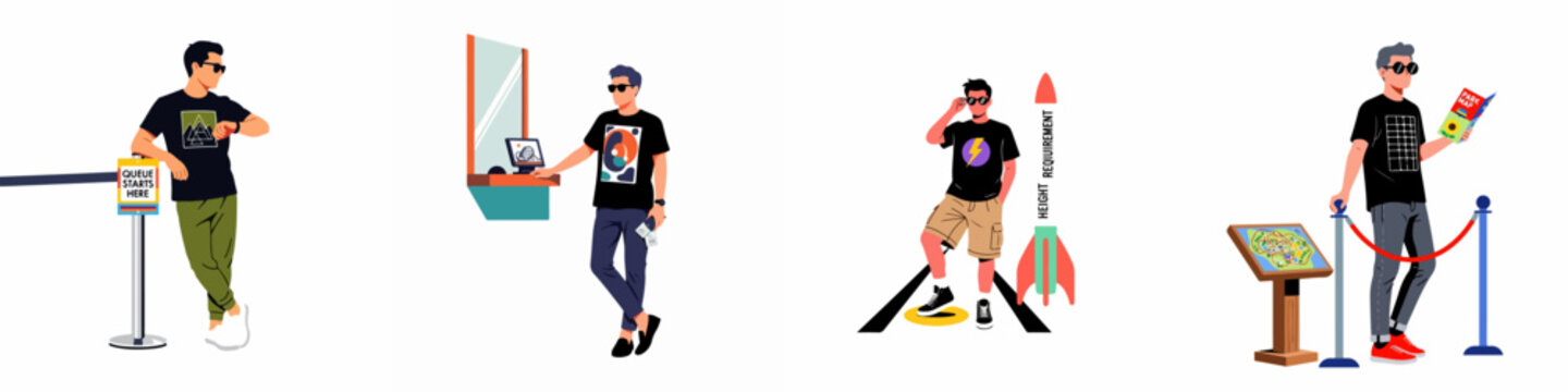 Flat Vector Illustration of People at an Amusement Park Queuing, Buying Tickets, Checking Height, and Reading Maps