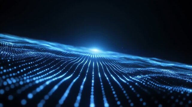 Abstract digital landscape of glowing blue dots forming a flowing grid of light. with light traces.