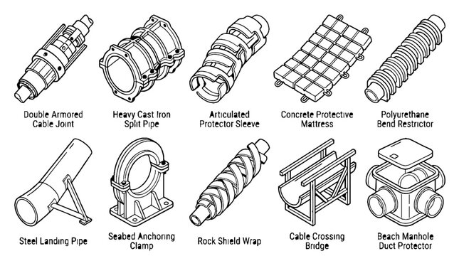 Technical isometric diagrams of subsea cable protection and offshore engineering equipment components.