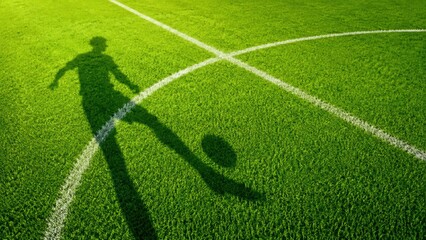 Obraz premium soccer player shadow kicking ball on green stadium turf with white pitch lines, football action and sports marketing concept