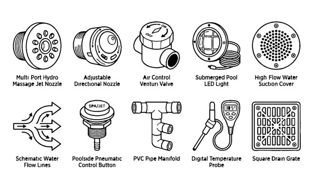 Technical illustration of swimming pool and spa plumbing components and accessories.