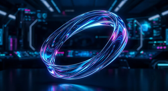 Futuristic Glowing Neon Mobius Strip in Sci-Fi Control Room Background