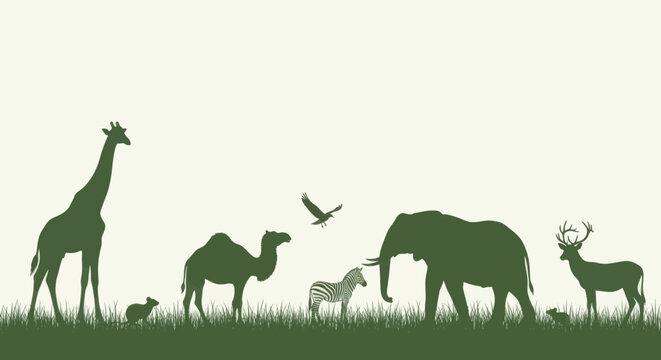 Silhouette of various wild animals in a grassy field