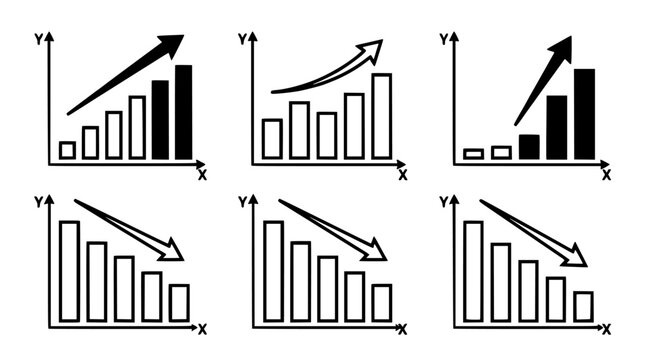 Charts Showing Upward and Downward Trends with Arrows Indicating Growth and Decline in Black and White