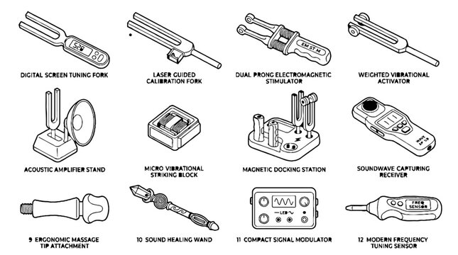 Technical line art illustrations of various scientific tuning forks and acoustic frequency measurement devices.