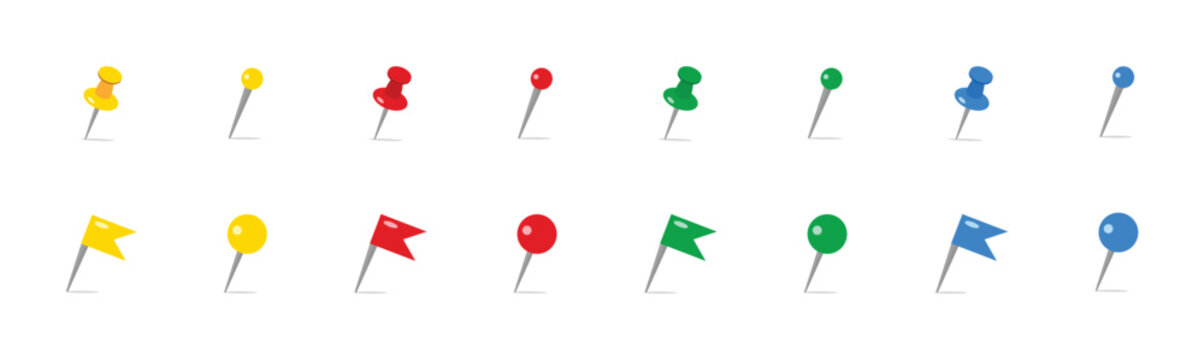 Colorful Push Pins With Metallic Tips Flat Vector Illustration
