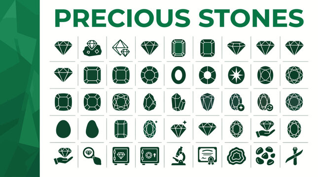 A Comprehensive Collection of Precious Stone Icons Illustrating Gemstones, Jewelry, and Geological Tools