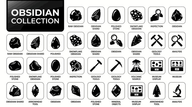 Minimalist black and white geology icons featuring raw obsidian rocks, volcanic glass shards, polished stones, and professional archaeological tools
