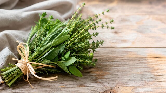 Fresh herb bunch tied with natural raffia. Bundle of thyme, rosemary and sage on rustic wooden table. Culinary ingredients with copy space