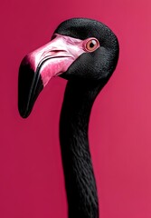 Obraz premium Crane head with black plumage and pink facial markings against vibrant magenta background. Isolated wildlife portrait suitable for design, print, and editorial use.