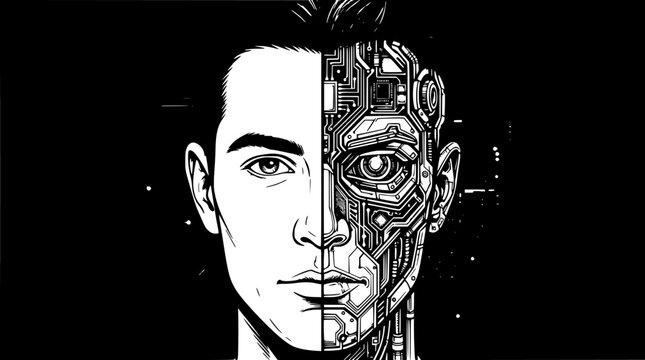 Human Face Stylized Portrait with Grayscale Gradient and Side View Composition, Flowing Motion Effects on Dark Background