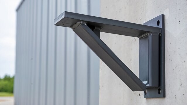 Heavy duty welded metal support bracket. Dark grey angle iron bolted to a concrete wall. Industrial construction hardware