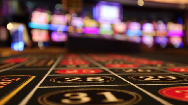View of a roulette table layout with blurred slot machines in the background of a casino in Las Vegas, Nevada, United States.