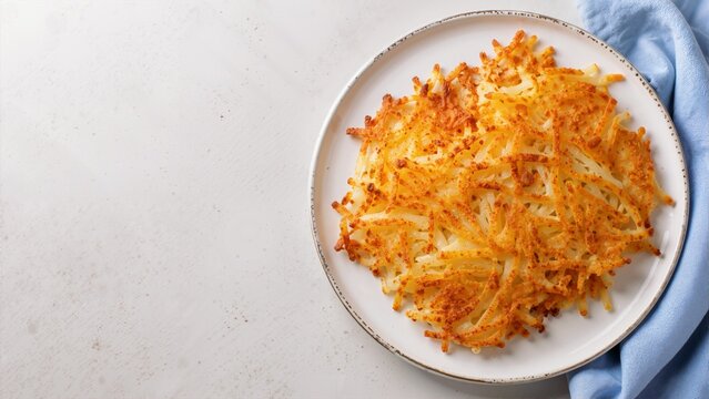 Crispy golden hash browns on a white plate. Fried shredded potato breakfast with blue napkin on light background. Overhead view with copy space