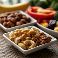 Fototapeta premium Cashew walnut almond banana red bell pepper broccoli dried fruit healthy snack fresh vegetable wooden table