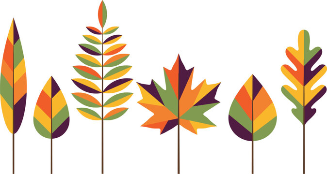 Autumn leaves vector icon set with colorful geometric maple, oak and rowan foliage elements