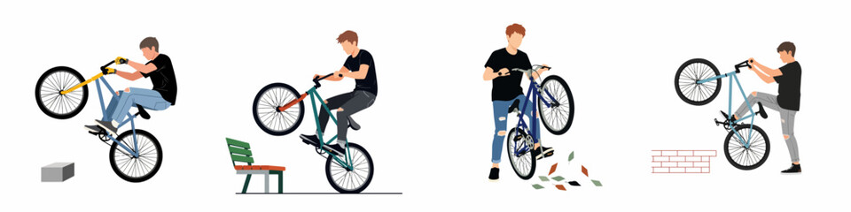 Naklejka premium Set of vector illustrations featuring a young man performing various bike stunts and tricks like wheelies in urban settings on a white background.