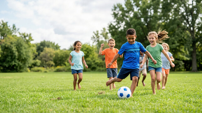 Diverse group of children playing soccer in a park. Happy kids running and kicking a ball on a green grassy field during summer