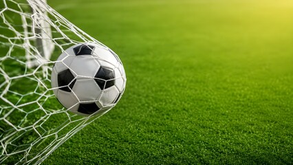 Fototapeta premium Classic leather soccer ball hitting the white net of a goal post on a vibrant green grass pitch stadium field under bright sunlight victory success scoring concept digital artwork graphic banner