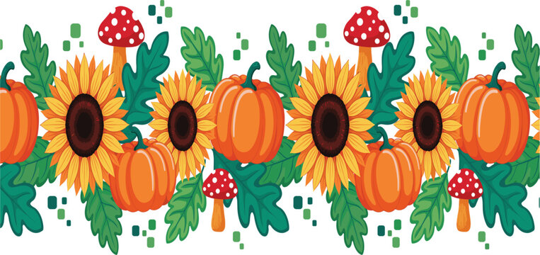 Autumn seamless border vector illustration with orange pumpkins, bright sunflowers, oak leaves and mushrooms