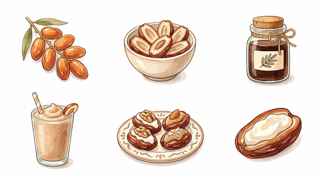 A comprehensive collection of date products, showcasing fresh dates on a branch, pitted dates in a bowl, date syrup in a jar, a date smoothie, and various stuffed dates on a plate.