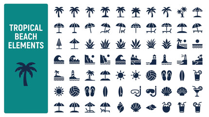 Fototapeta premium Flat Vector Tropical Beach Icon Set with Palm Trees and Summer Vacation Elements