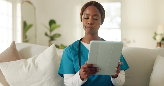 Woman, nurse and tablet in home with thinking, patient report or telehealth app with reflection. Black person, healthcare record or caregiver schedule ideas, online agenda or medicine log with vision