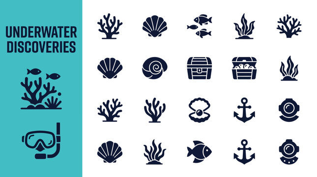 Marine life and diving icon set, featuring coral, shells, fish, anchor, treasure chest, and scuba gear icons