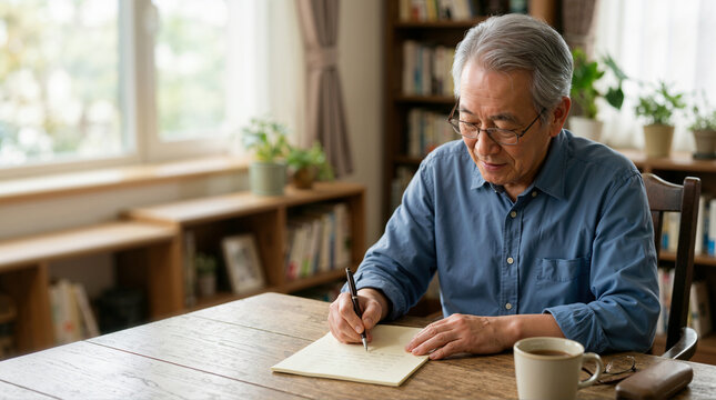 Focused Asian elderly man writing on a notepad at a table. Senior male with glasses taking notes at home