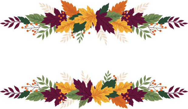 Autumn foliage border vector illustration with colorful maple leaves, decorative branches and seasonal berries