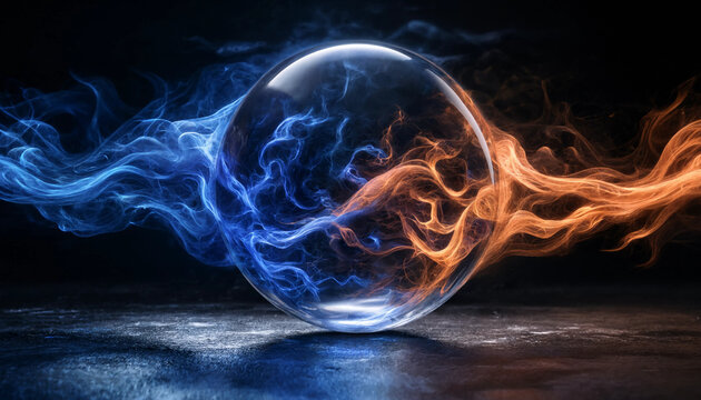 A single transparent glass sphere containing swirling blue and orange smoke trails set on a dark, textured, reflective ground surface