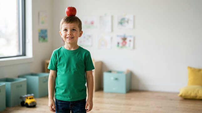 Young boy balancing a red apple on his head. Happy child in a green t-shirt standing in a bright playroom. Copy space for text