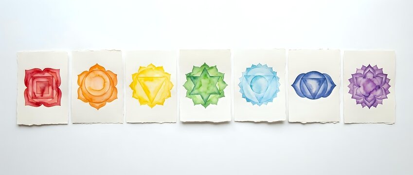 Chakra symbols in rainbow colors arranged in sequence on white cards, representing energy centers for wellness, meditation, yoga practice, and spiritual healing applications.