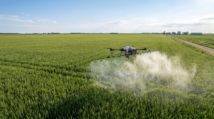 Fototapeta premium Agricultural Drone Spraying Pesticides Over Vast Green Wheat Field
