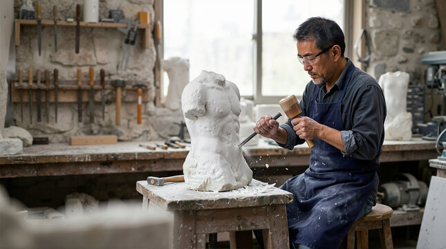 Male artist sculpting a white stone torso with a chisel and mallet. Professional sculptor working on a marble statue in his workshop. Creative art and craftsmanship concept