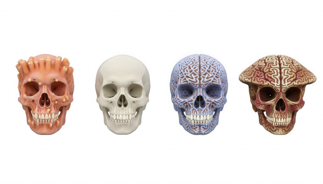 Four Stylized Skulls Showing Different Brain and Skull Designs