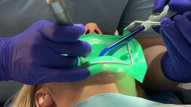 Complete dental filling procedure with patient dentist microscope anesthesia rubber dam and modern restorative treatment set. professional dental care.