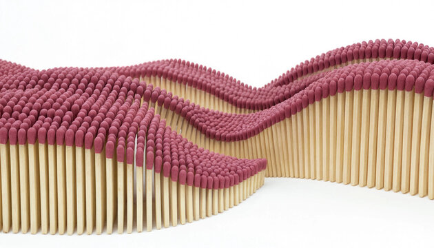 A wave pattern formed by numerous wooden matchsticks with red tips arranged in a rhythmic, undulating landscape on white background