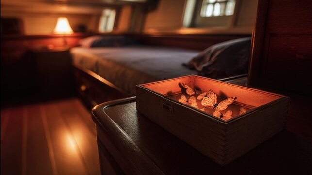 ajar. Dimly lit ship cabin with a wooden crate ajar, revealing rare butterfly specimens inside. wildlife magazines, conservation campaigns, designed for wildlife conservation campaigns.