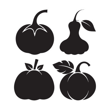 Set of simple black silhouette icons of different pumpkins and gourds for autumn harvest