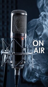 Professional broadcast microphone: audio podcast, live stream, sound record, voice transmit, studio session, air wave, digital communication, media content.